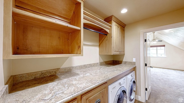 997 W 675 S, Mapleton, UT 84664 - laundry room with cabinet space, separate washer and dryer, light colored carpet, ceiling fan, and recessed lighting
