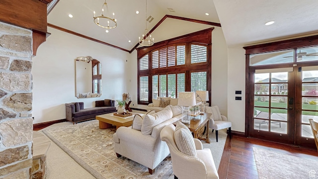 997 W 675 S, Mapleton, UT 84664 - living area with crown molding, high vaulted ceiling, baseboards, french doors, and hardwood / wood-style flooring