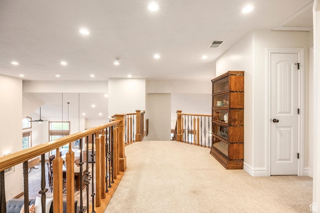 1263 E Wild Maple Ct, Draper, UT 84020 - hallway featuring recessed lighting, light colored carpet, visible vents, and an upstairs landing