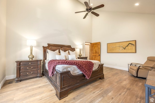1263 E Wild Maple Ct, Draper, UT 84020 - bedroom with light wood-style floors, baseboards, recessed lighting, and high vaulted ceiling