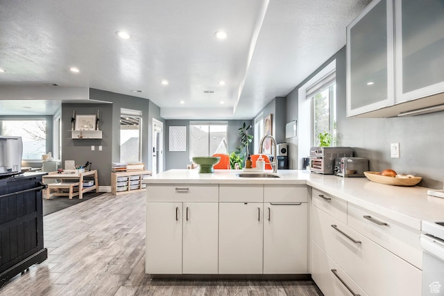 1263 E Wild Maple Ct, Draper, UT 84020 - kitchen with a sink, light countertops, a peninsula, light wood-style floors, and a wealth of natural light