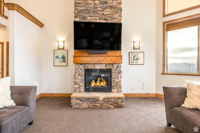 1263 E Wild Maple Ct, Draper, UT 84020 - carpeted living room featuring baseboards and a fireplace