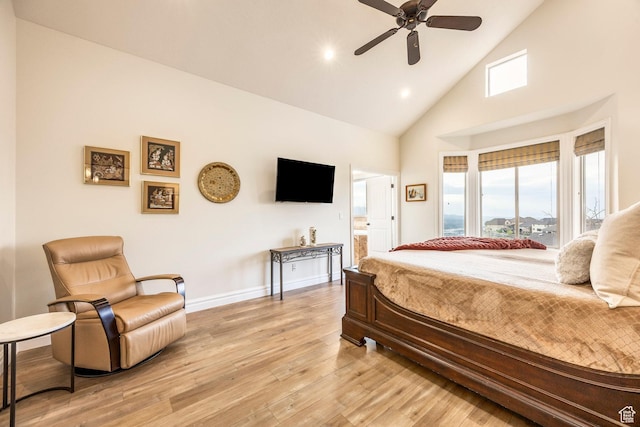 1263 E Wild Maple Ct, Draper, UT 84020 - bedroom with ceiling fan, high vaulted ceiling, baseboards, light wood-style floors, and recessed lighting
