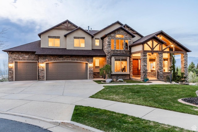 1263 E Wild Maple Ct, Draper, UT 84020 - craftsman-style home featuring a front yard, concrete driveway, an attached garage, stone siding, and stucco siding