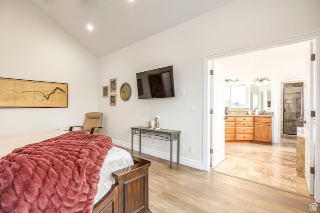 1263 E Wild Maple Ct, Draper, UT 84020 - bedroom featuring light wood-style floors, baseboards, high vaulted ceiling, recessed lighting, and connected bathroom