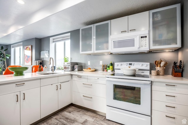 1263 E Wild Maple Ct, Draper, UT 84020 - kitchen with white appliances, a sink, light wood-style flooring, and light countertops