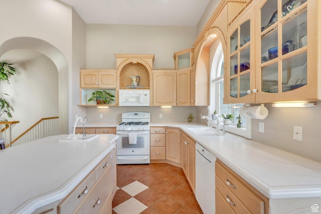 110 W Oak Cir, Woodland Hills, UT 84653 - kitchen with a sink, light brown cabinets, white appliances, and light countertops