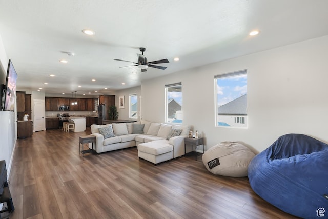 1167 N 150 E Unit 53, Nephi, UT 84648 - living room with ceiling fan, recessed lighting, and dark wood-type flooring