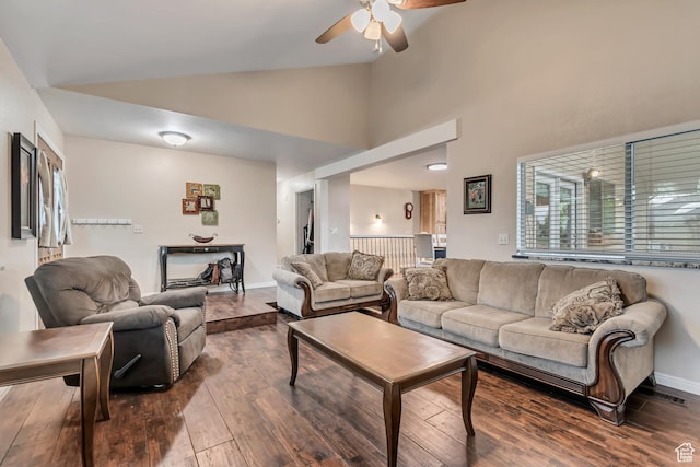 239 Country Club Dr, Stansbury Park, UT 84074 - living room featuring ceiling fan, dark wood finished floors, high vaulted ceiling, and baseboards