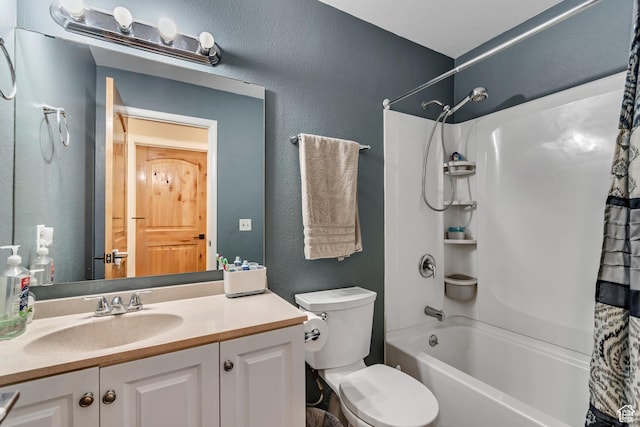 239 Country Club Dr, Stansbury Park, UT 84074 - full bath featuring a textured wall, vanity, toilet, and shower / bath combo with shower curtain