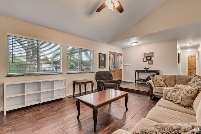 239 Country Club Dr, Stansbury Park, UT 84074 - living room featuring dark wood-type flooring, ceiling fan, lofted ceiling, and baseboards