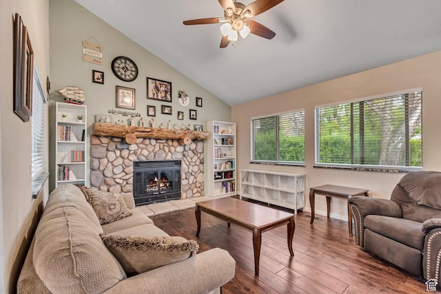 239 Country Club Dr, Stansbury Park, UT 84074 - living area with ceiling fan, hardwood / wood-style flooring, lofted ceiling, a fireplace, and baseboards