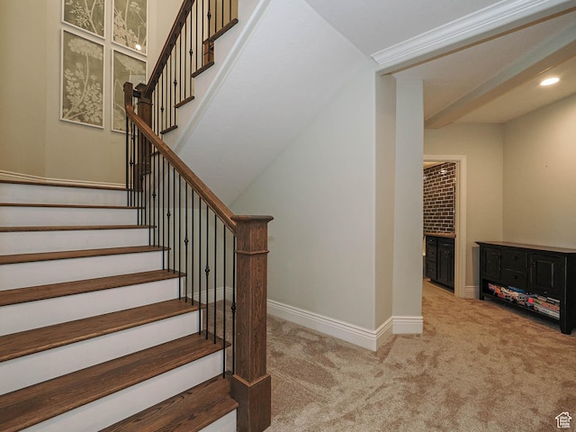 staircase with carpet floors, recessed lighting, and baseboards