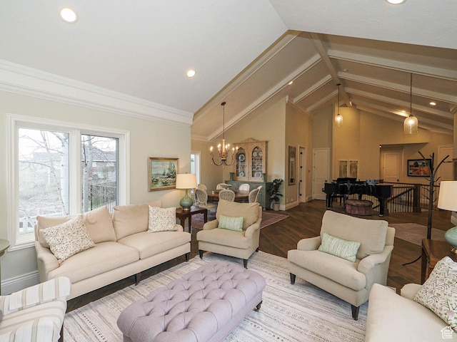 living room with recessed lighting, a chandelier, and wood finished floors