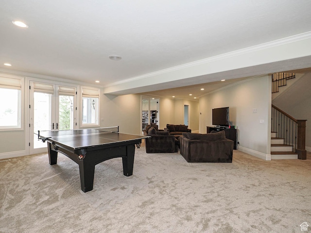 playroom featuring carpet floors, ornamental molding, and recessed lighting