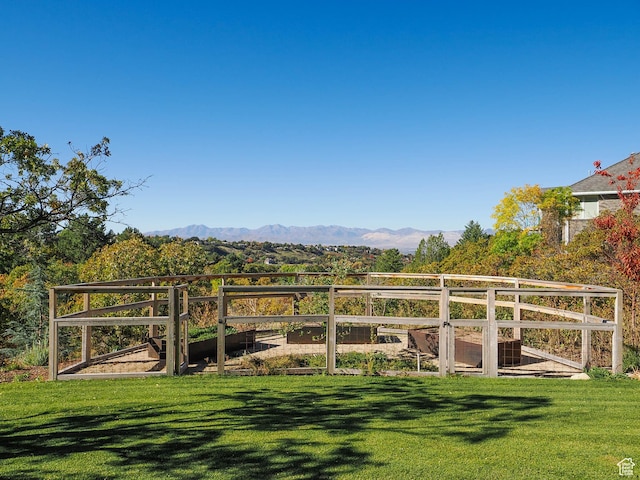 exterior space with a mountain view and a yard