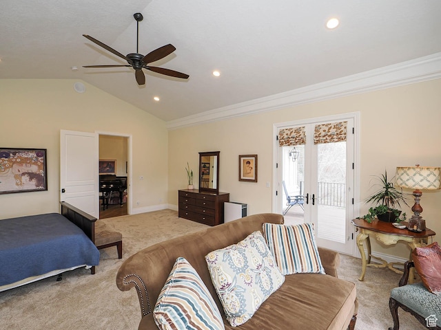 bedroom featuring light colored carpet, recessed lighting, lofted ceiling, and access to outside