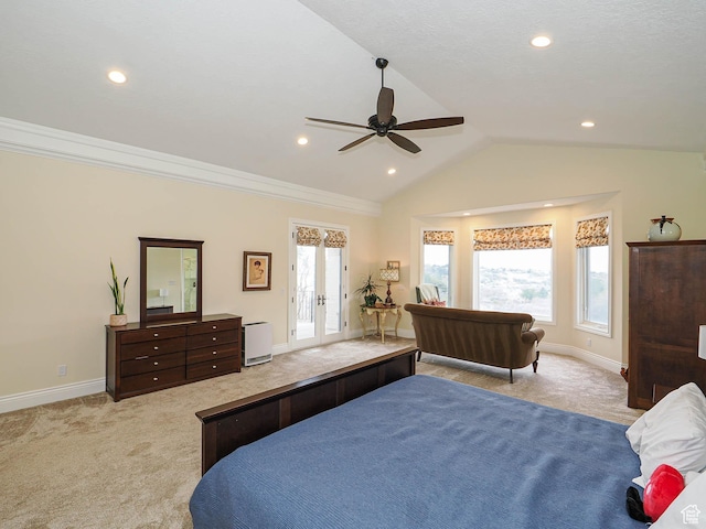 bedroom with light carpet, french doors, recessed lighting, baseboards, and vaulted ceiling