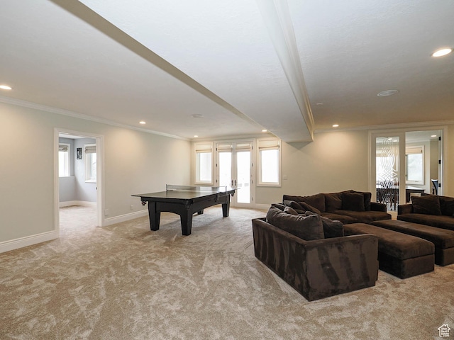 playroom with french doors, crown molding, baseboards, carpet, and recessed lighting