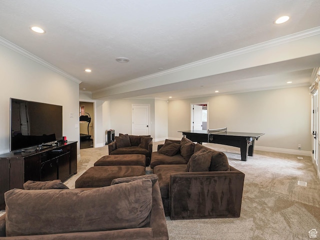living area featuring crown molding, baseboards, light carpet, and recessed lighting