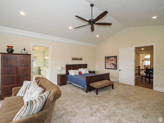 carpeted bedroom featuring baseboards, recessed lighting, crown molding, and lofted ceiling