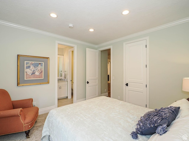bedroom with baseboards, ornamental molding, recessed lighting, and light colored carpet