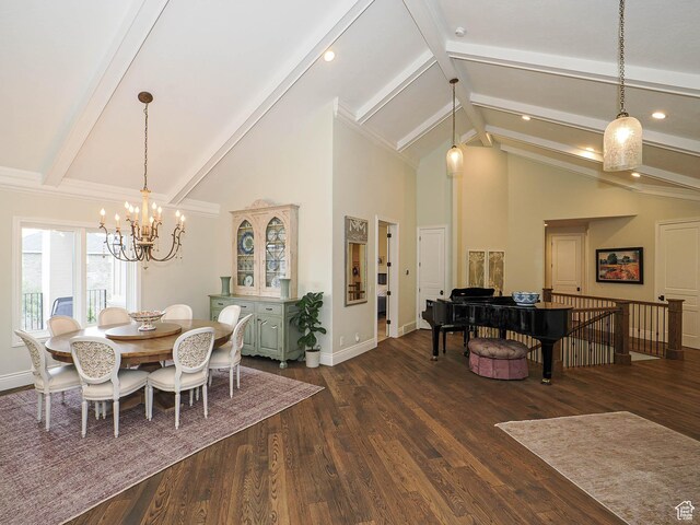 dining room featuring baseboards, dark wood finished floors, a notable chandelier, and high vaulted ceiling