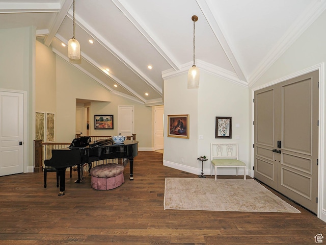 entrance foyer featuring beamed ceiling, baseboards, high vaulted ceiling, recessed lighting, and dark wood finished floors