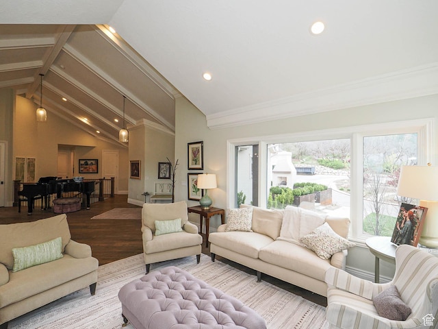 living area with crown molding, wood finished floors, beam ceiling, high vaulted ceiling, and recessed lighting