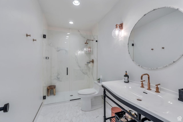 654 N 200 E, American Fork, UT 84003 - bathroom featuring recessed lighting, a marble finish shower, toilet, and vanity