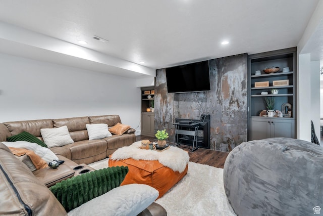 654 N 200 E, American Fork, UT 84003 - living area featuring built in shelves, recessed lighting, wood finished floors, and visible vents