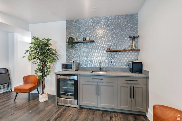 654 N 200 E, American Fork, UT 84003 - bar with a sink, decorative backsplash, a toaster, wine cooler, and dark wood-type flooring