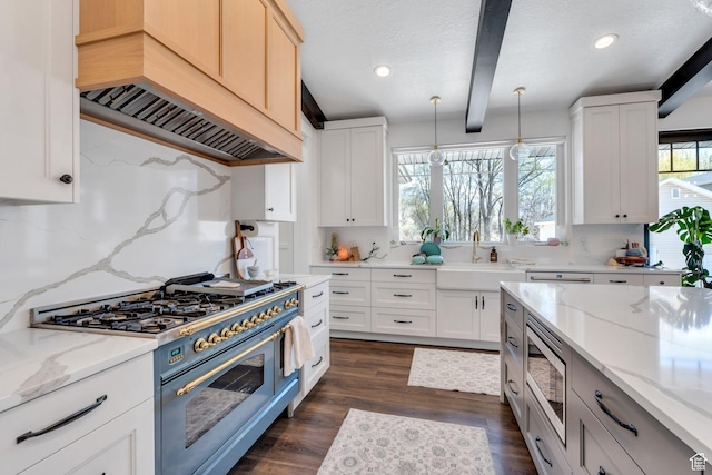 654 N 200 E, American Fork, UT 84003 - kitchen with beamed ceiling, premium range hood, tasteful backsplash, a sink, and stainless steel appliances