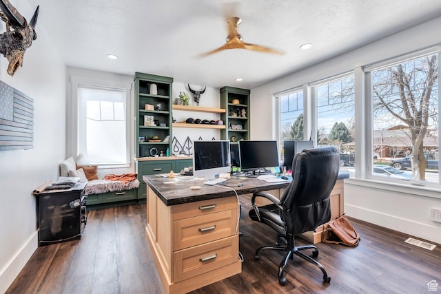 654 N 200 E, American Fork, UT 84003 - home office featuring baseboards, ceiling fan, dark wood-type flooring, and visible vents