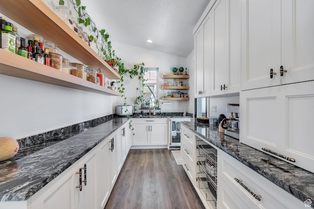 654 N 200 E, American Fork, UT 84003 - kitchen with beverage cooler, open shelves, white cabinetry, and dark wood-type flooring