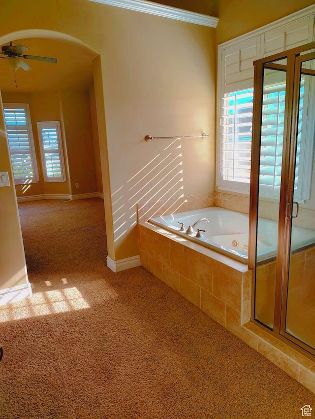 3641 W Canyon Lands Dr, Riverton, UT 84065 - bathroom featuring ceiling fan, a whirlpool tub, a stall shower, and a wealth of natural light