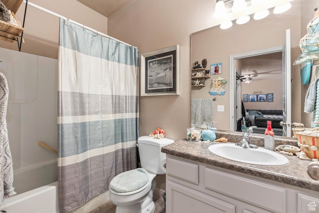 502 N 2480 W, Hurricane, UT 84737 - bathroom with a ceiling fan, vanity, toilet, connected bathroom, and shower / bathtub combination with curtain