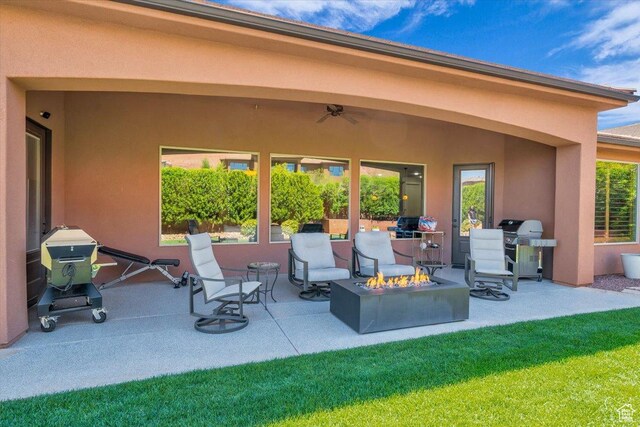 305 E 350 N, Ivins, UT 84738 - view of patio with grilling area, a ceiling fan, and a fire pit