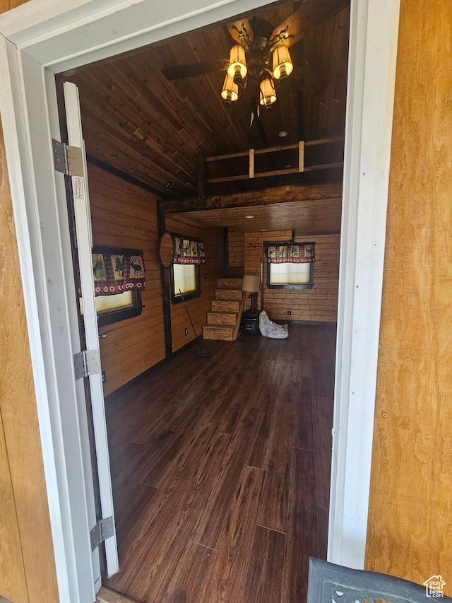 33383 W 8000 S, Duchesne, UT 84021 - unfurnished living room with wooden walls, wood finished floors, wooden ceiling, and ceiling fan