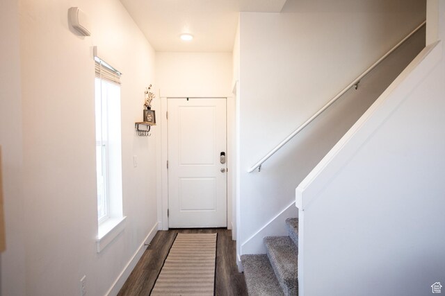 1809 S 1280 W, Logan, UT 84321 - entryway featuring baseboards, dark wood-style flooring, and stairs
