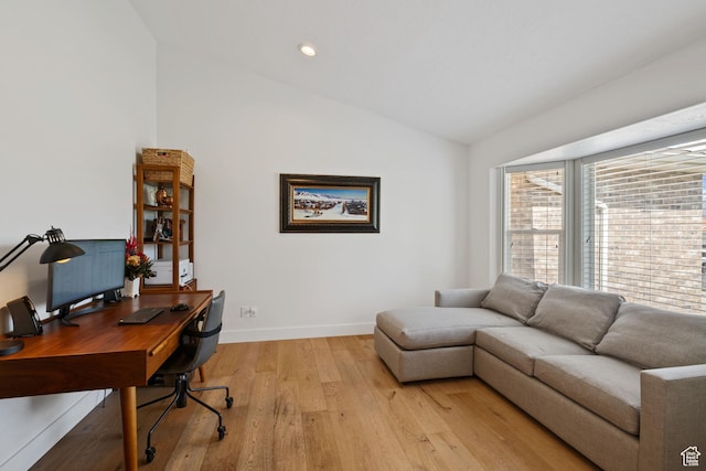 4356 W Elk Rim Rd, South Jordan, UT 84009 - home office featuring vaulted ceiling, light wood-style flooring, baseboards, and recessed lighting
