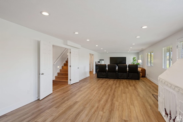 4356 W Elk Rim Rd, South Jordan, UT 84009 - living room featuring light wood-style floors, recessed lighting, stairway, and baseboards