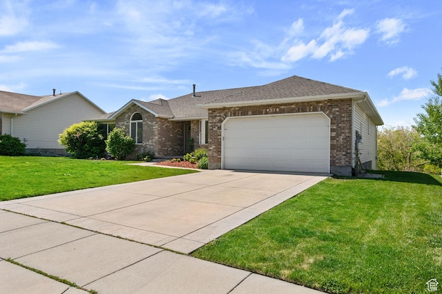 4356 W Elk Rim Rd, South Jordan, UT 84009 - single story home with a garage, brick siding, driveway, a front yard, and a shingled roof