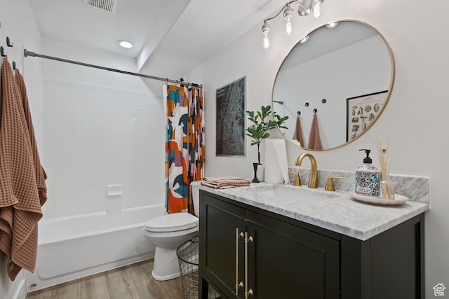 4356 W Elk Rim Rd, South Jordan, UT 84009 - full bathroom with wood finished floors, shower / bath combination with curtain, toilet, and vanity