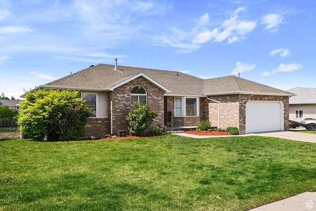 4356 W Elk Rim Rd, South Jordan, UT 84009 - single story home featuring brick siding, concrete driveway, a garage, a shingled roof, and a front lawn