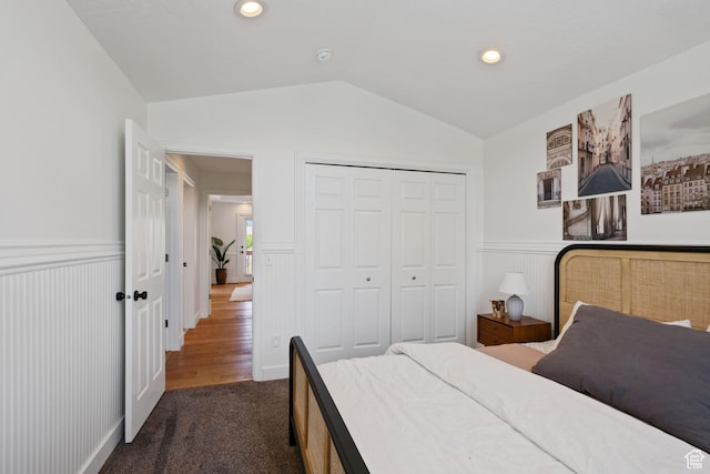 4356 W Elk Rim Rd, South Jordan, UT 84009 - bedroom with wainscoting, lofted ceiling, dark colored carpet, a closet, and recessed lighting