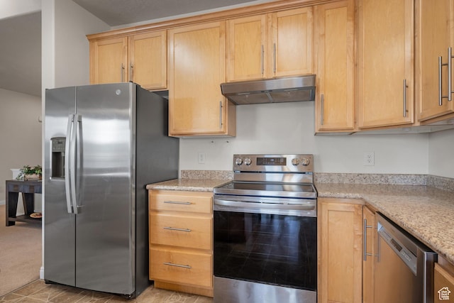 7673 N Red Oak E, Eagle Mountain, UT 84005 - kitchen with light brown cabinetry, appliances with stainless steel finishes, and under cabinet range hood