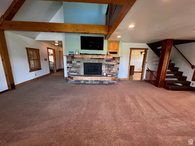 1752 Cedar View Rd, Soda Springs, ID 83276 - unfurnished living room featuring carpet flooring, baseboards, stairway, a stone fireplace, and recessed lighting