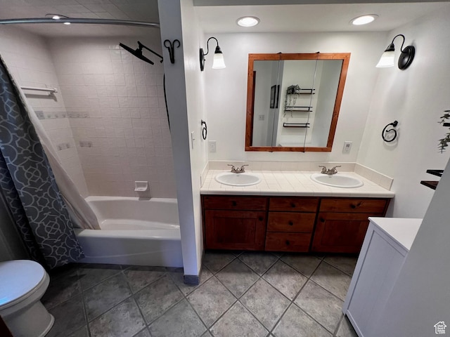 1752 Cedar View Rd, Soda Springs, ID 83276 - full bath with double vanity, toilet, shower / bathtub combination with curtain, recessed lighting, and tile patterned flooring