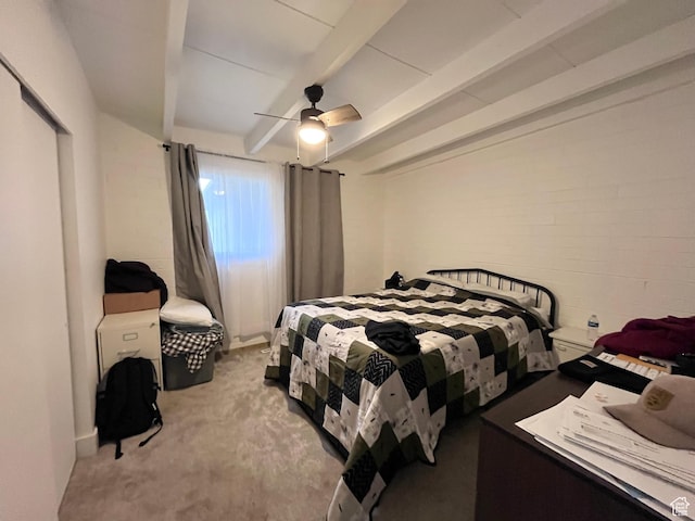 3766 S Orchard Ave E, South Ogden, UT 84403 - bedroom featuring light carpet, ceiling fan, and concrete block wall